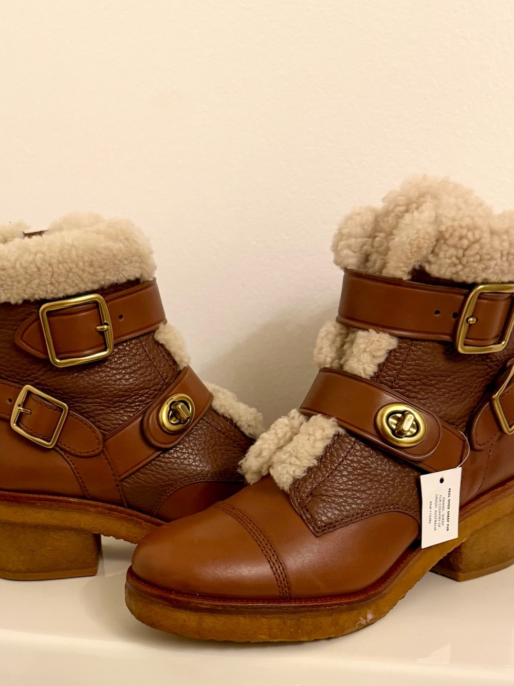 Coach Preston Brown Leather Shearling Trim Ankle Boots Women’s 6.5B